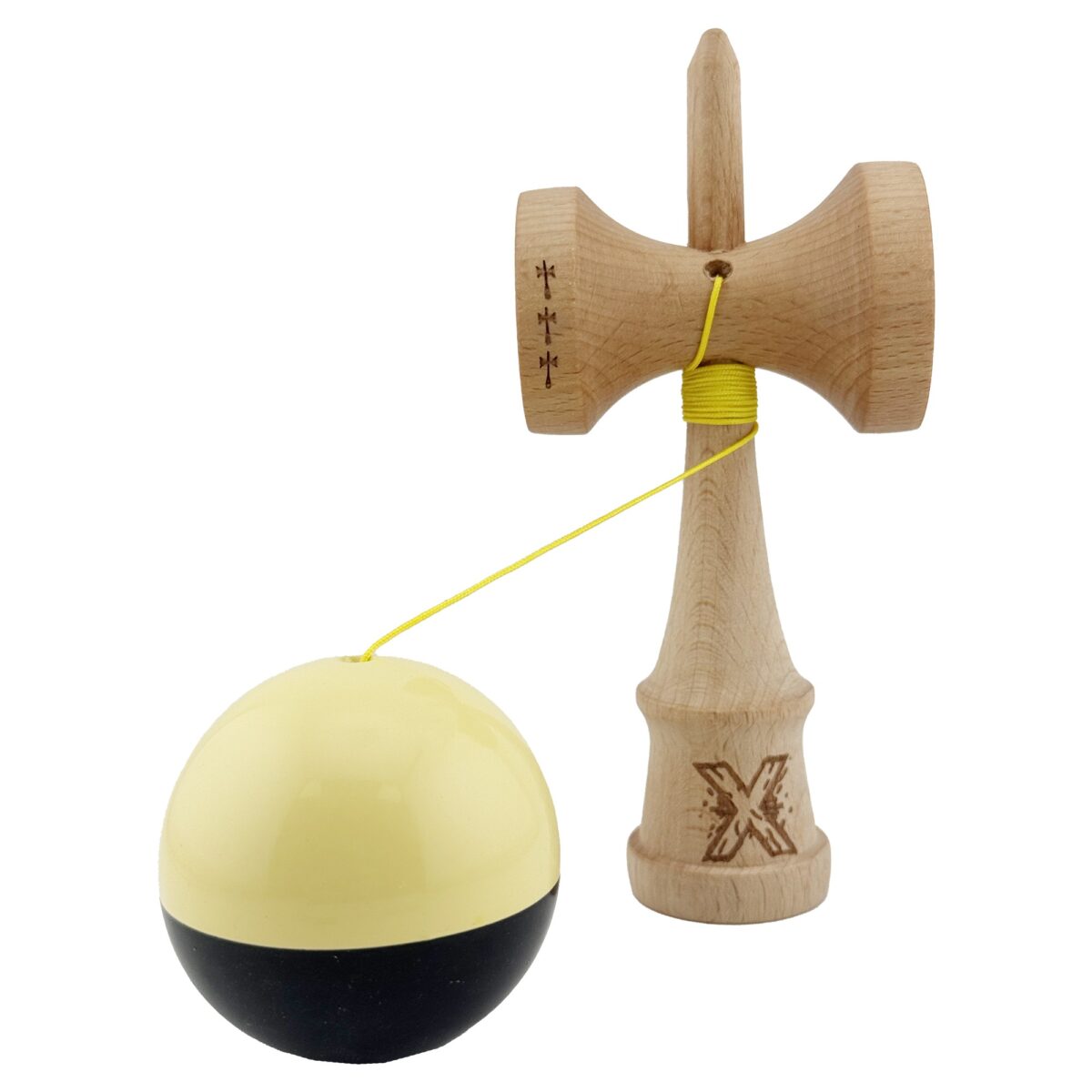 Kendama X Originala, Profesionala, Embo, Big Cups V2, Super Sticky cu Cupe Mari, Rulment Metalic, din lemn 18 cm, Ata 55 cm, Galben/Negru - imagine 3