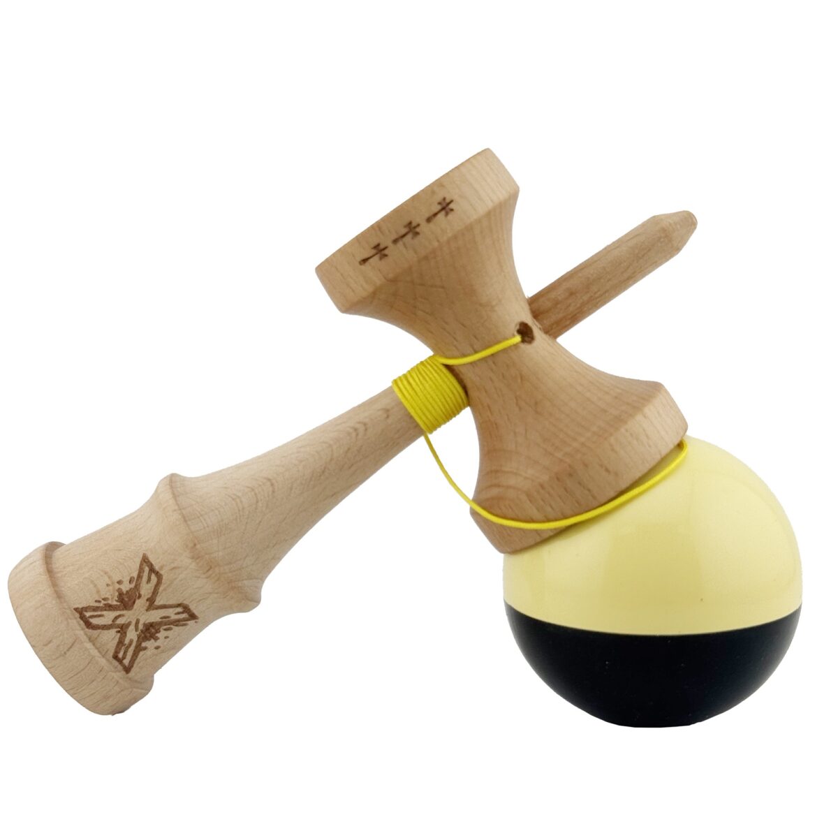 Kendama X Originala, Profesionala, Embo, Big Cups V2, Super Sticky cu Cupe Mari, Rulment Metalic, din lemn 18 cm, Ata 55 cm, Galben/Negru - imagine 4