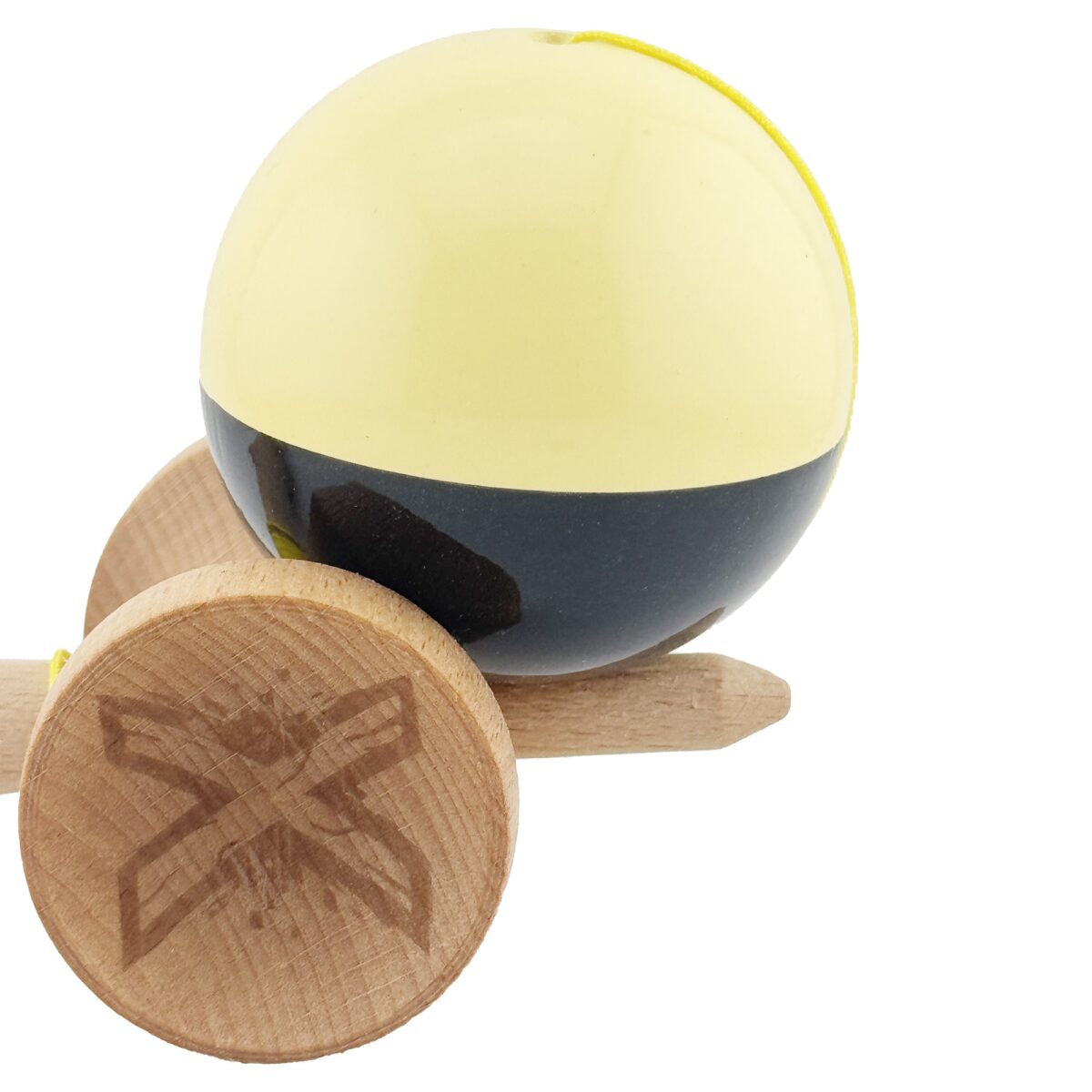Kendama X Originala, Profesionala, Embo, Big Cups V2, Super Sticky cu Cupe Mari, Rulment Metalic, din lemn 18 cm, Ata 55 cm, Galben/Negru - imagine 8