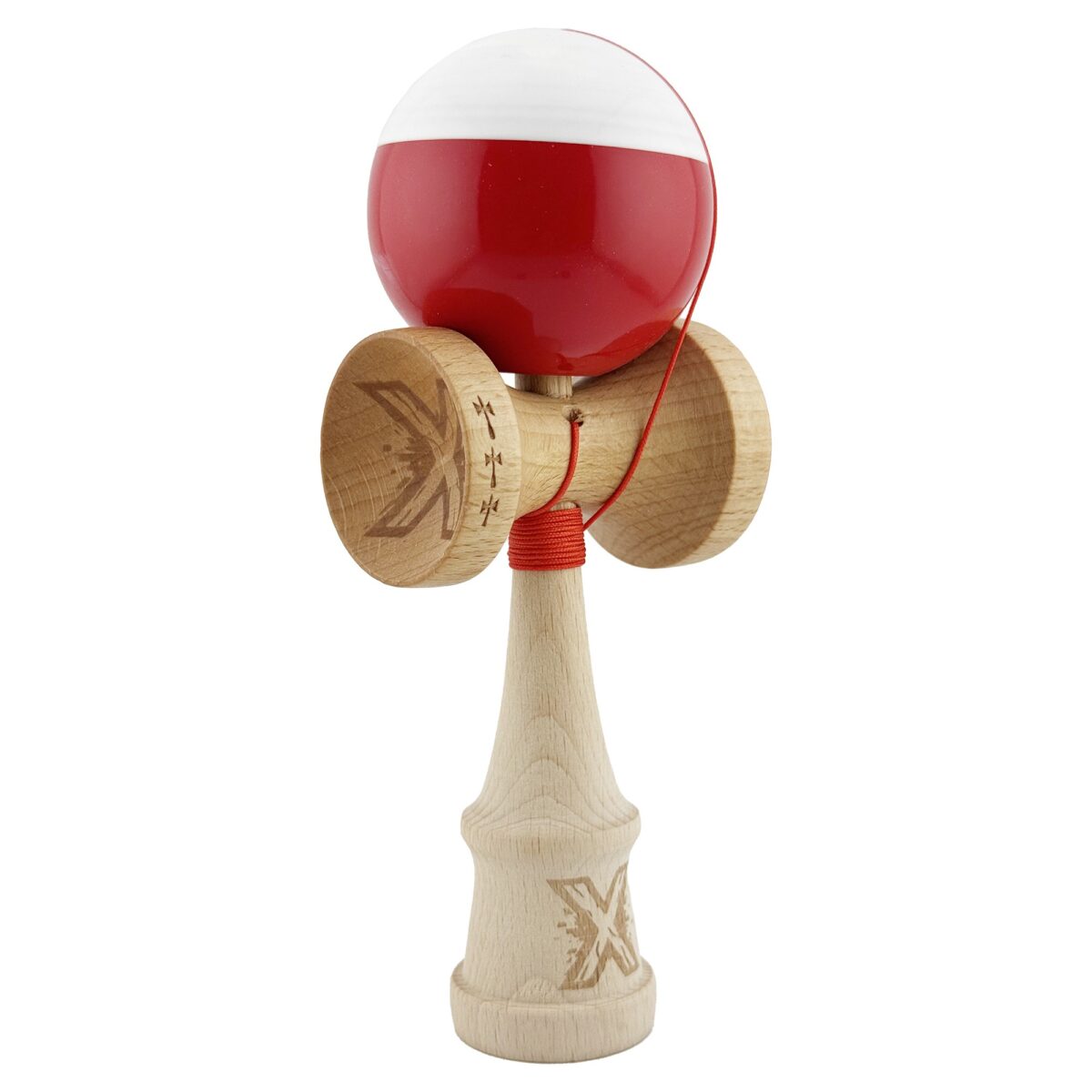 Kendama X Originala, Profesionala, Embo, Big Cups V2, Super Sticky cu Cupe Mari, Rulment Metalic, din lemn 18 cm, Ata 55 cm, Alb/Rosu - imagine 2