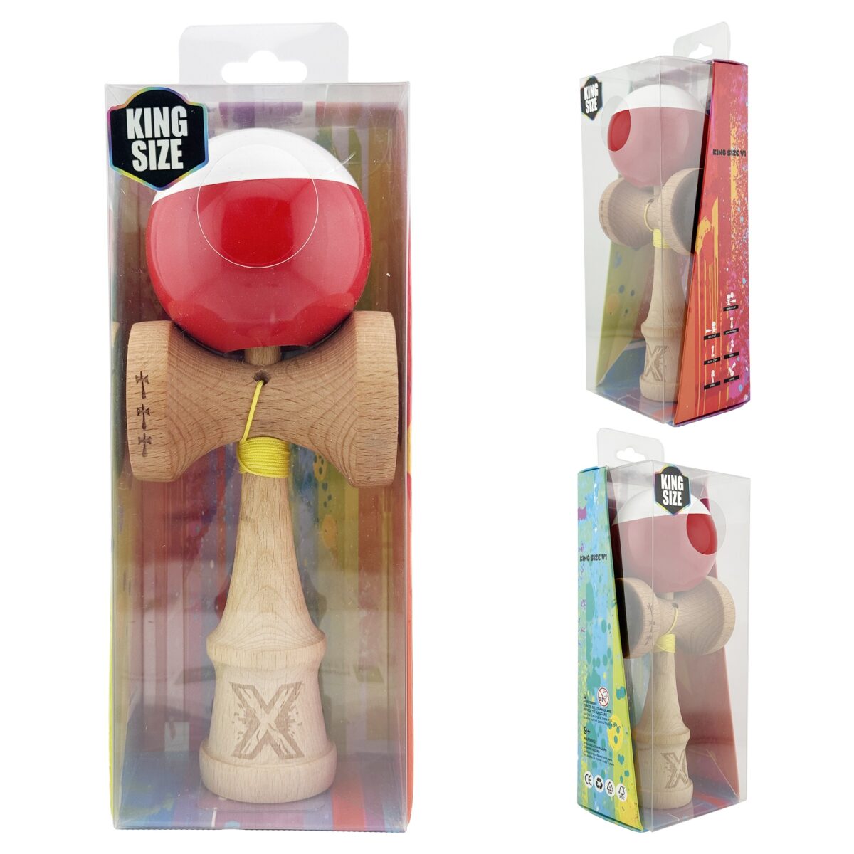 Kendama X Originala, Profesionala, Embo, Big Cups V2, Super Sticky cu Cupe Mari, Rulment Metalic, din lemn 18 cm, Ata 55 cm, Alb/Rosu - imagine 5