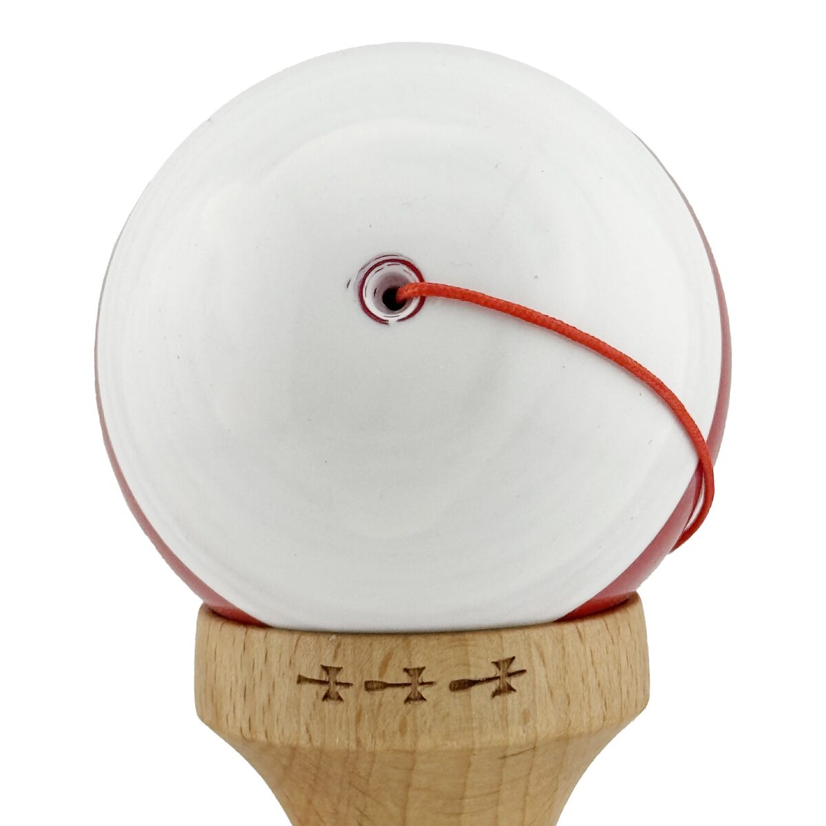 Kendama X Originala, Profesionala, Embo, Big Cups V2, Super Sticky cu Cupe Mari, Rulment Metalic, din lemn 18 cm, Ata 55 cm, Alb/Rosu - imagine 9