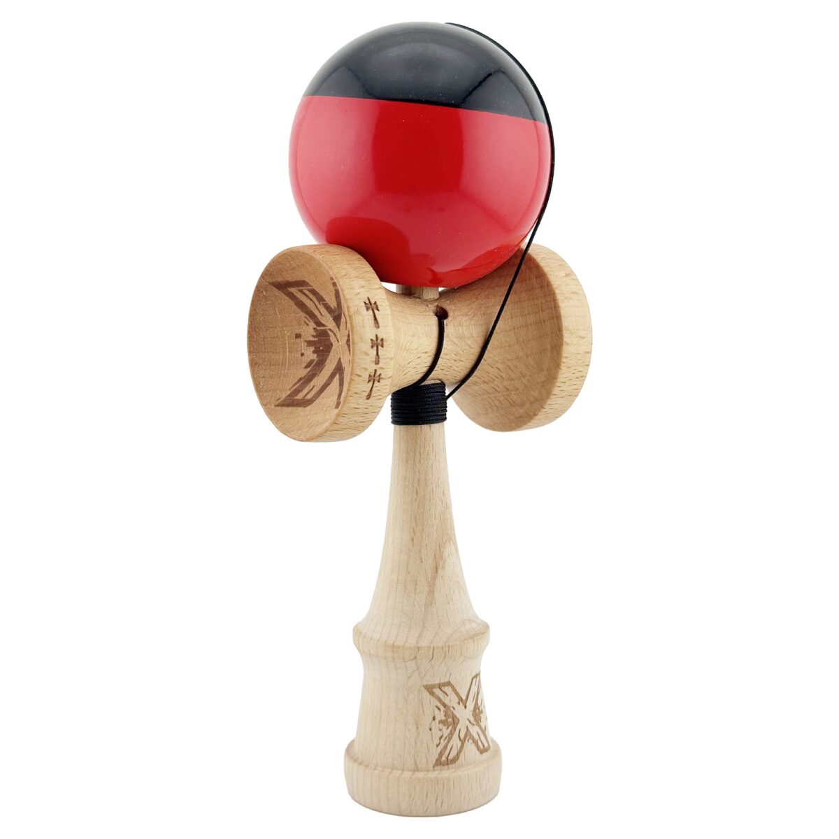 Kendama X Originala, Profesionala, Embo, Big Cups V2, Super Sticky cu Cupe Mari, Rulment Metalic, din lemn 18 cm, Ata 55 cm, Negru/Rosu - imagine 2
