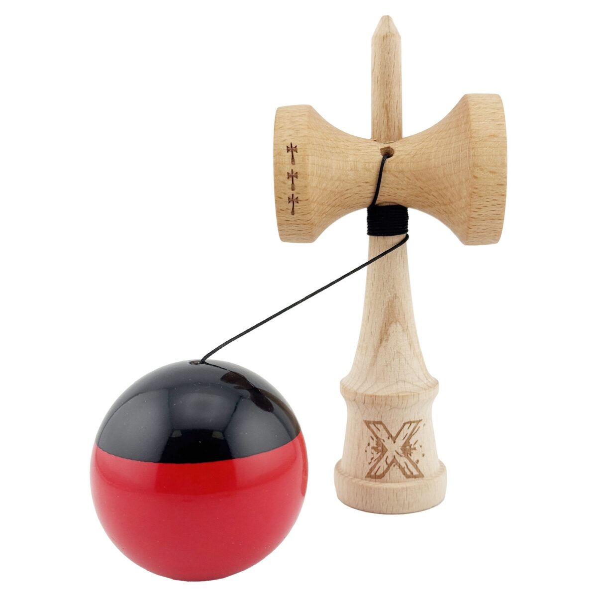 Kendama X Originala, Profesionala, Embo, Big Cups V2, Super Sticky cu Cupe Mari, Rulment Metalic, din lemn 18 cm, Ata 55 cm, Negru/Rosu - imagine 3