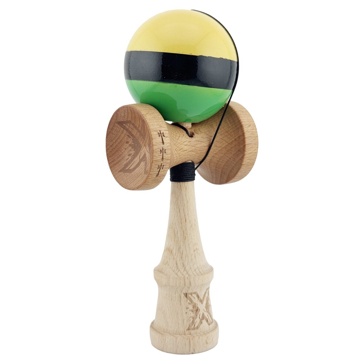 Kendama X Originala, Profesionala, Embo, Big Cups V2, Super Sticky cu Cupe Mari, Rulment Metalic, din lemn 18 cm, Ata 55 cm, Galben/Negru/Verde - imagine 2