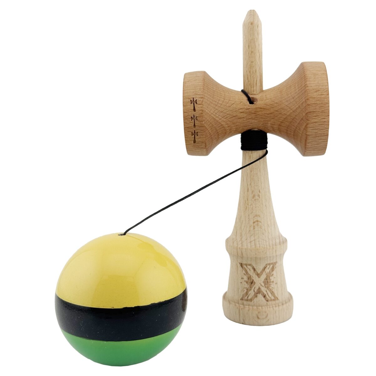Kendama X Originala, Profesionala, Embo, Big Cups V2, Super Sticky cu Cupe Mari, Rulment Metalic, din lemn 18 cm, Ata 55 cm, Galben/Negru/Verde - imagine 3