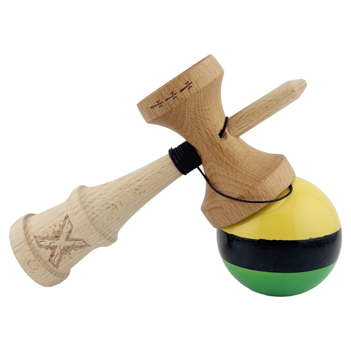Kendama X Originala, Profesionala, Embo, Big Cups V2, Super Sticky cu Cupe Mari, Rulment Metalic, din lemn 18 cm, Ata 55 cm, Galben/Negru/Verde - imagine 4
