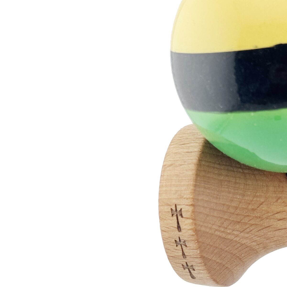 Kendama X Originala, Profesionala, Embo, Big Cups V2, Super Sticky cu Cupe Mari, Rulment Metalic, din lemn 18 cm, Ata 55 cm, Galben/Negru/Verde - imagine 7