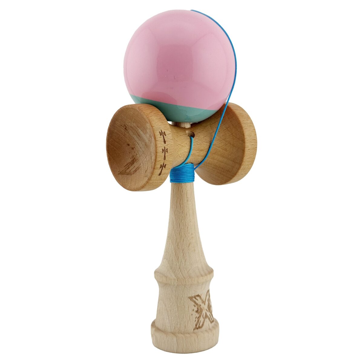 Kendama X Originala, Profesionala, Embo, Big Cups V2, Super Sticky cu Cupe Mari, Rulment Metalic, din lemn 18 cm, Ata 55 cm, Roz/Verde - imagine 2