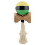 Kendama X Originala, Profesionala, Embo, Big Cups V2, Super Sticky cu Cupe Mari, Rulment Metalic, din lemn 18 cm, Ata 55 cm, Galben/Negru/Verde