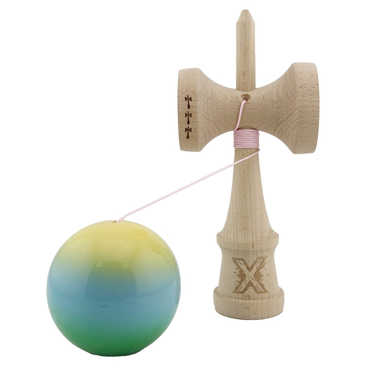 kendama-x-originala-profesionala-flippy-big-cups-v2-super-sticky-din-lemn-18-cm-gradient-galben-alba-690e3c9e88b59 Kendama X Originala, Profesionala, Embo, Big Cups V2, Super Sticky Cupe Mari, Rulment Metalic cu Ata 55 cm, Galben/Albastru deschis/Verde - imagine 3
