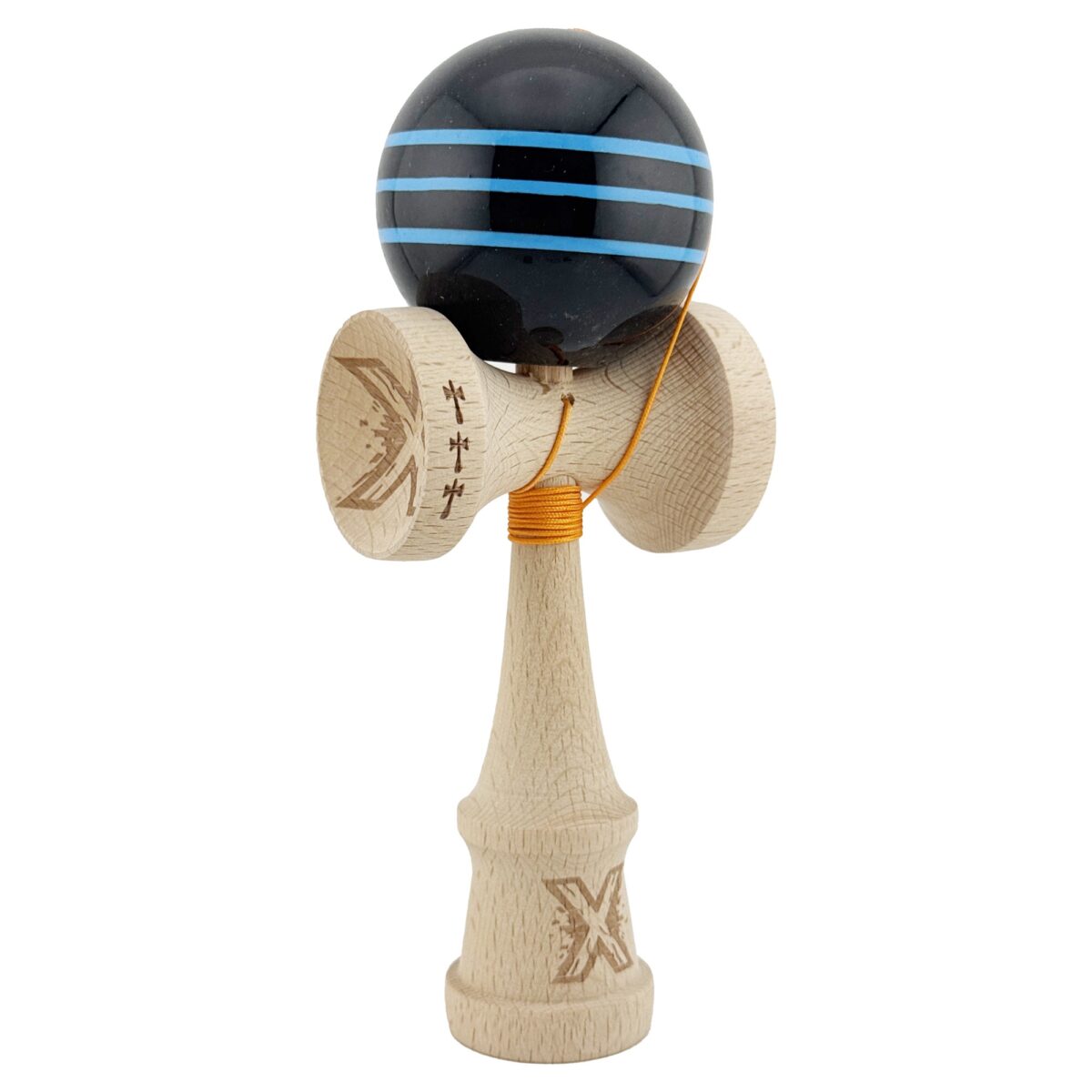 Kendama X Originala, Profesionala, Embo, Big Cups V2, Super Sticky Legendary Cupe Mari, Rulment Metalic cu Ata 55 cm, Negru/Linii Albastre deschise - imagine 2