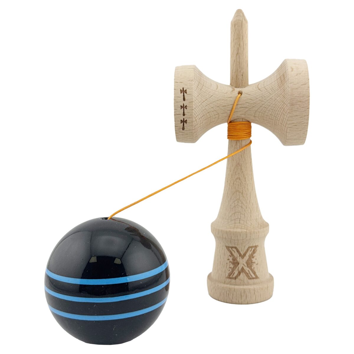 Kendama X Originala, Profesionala, Embo, Big Cups V2, Super Sticky Legendary Cupe Mari, Rulment Metalic cu Ata 55 cm, Negru/Linii Albastre deschise - imagine 3