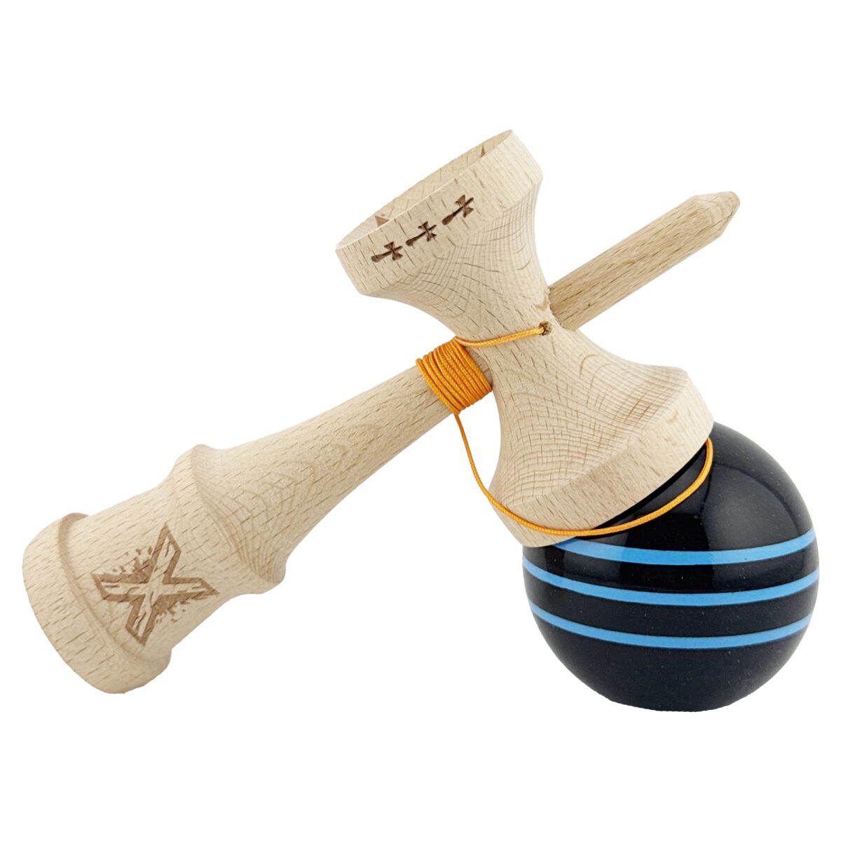 Kendama X Originala, Profesionala, Embo, Big Cups V2, Super Sticky Legendary Cupe Mari, Rulment Metalic cu Ata 55 cm, Negru/Linii Albastre deschise - imagine 4