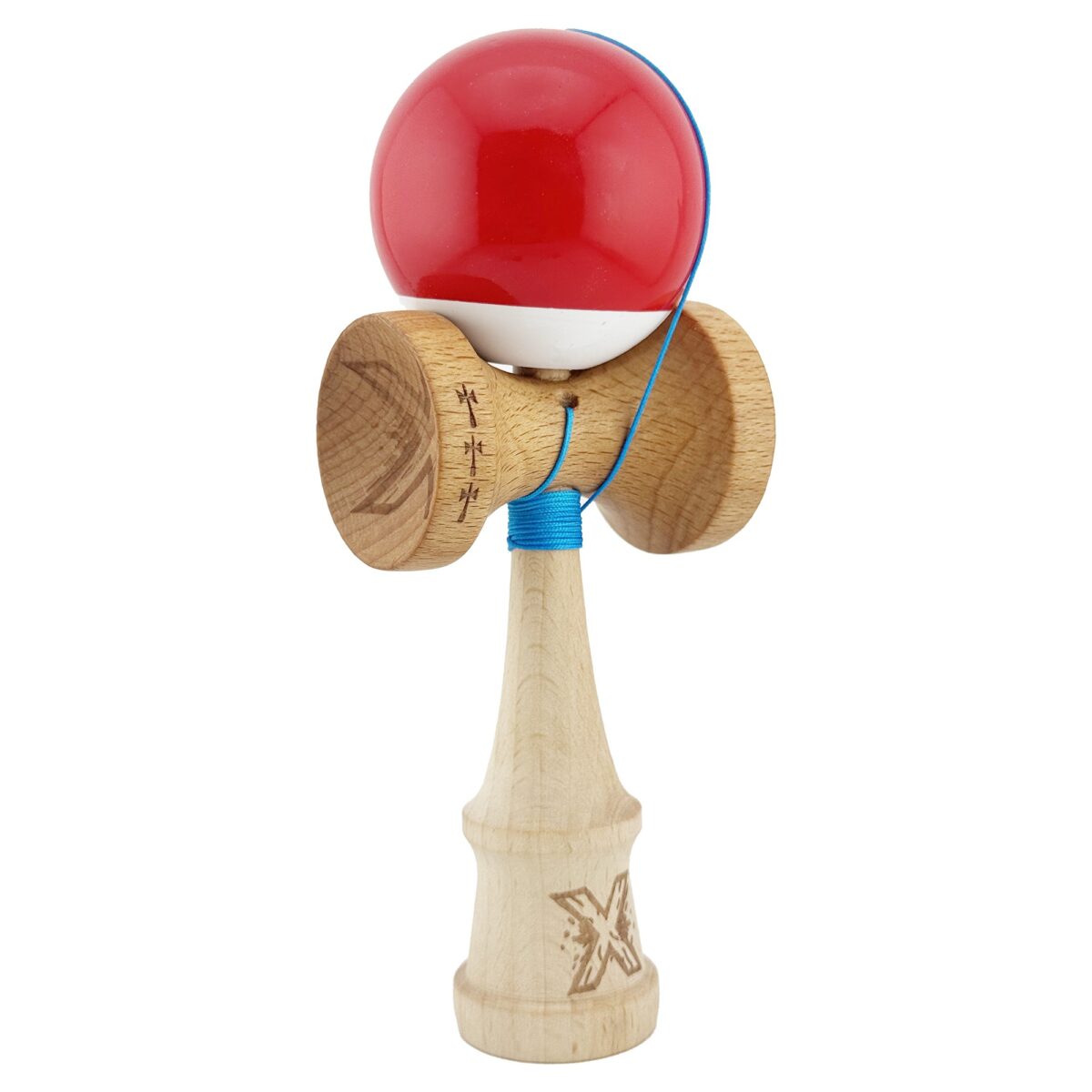 Kendama X Originala, Profesionala, Embo, Big Cups V2, Super Sticky cu Cupe Mari, din lemn 18 cm, Rulment Metalic cu Ata 55 cm, Rosu/Alb - imagine 2