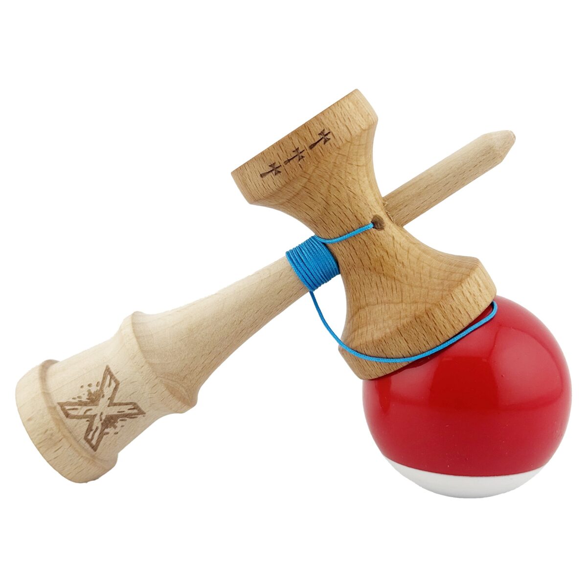 Kendama X Originala, Profesionala, Embo, Big Cups V2, Super Sticky cu Cupe Mari, din lemn 18 cm, Rulment Metalic cu Ata 55 cm, Rosu/Alb - imagine 4