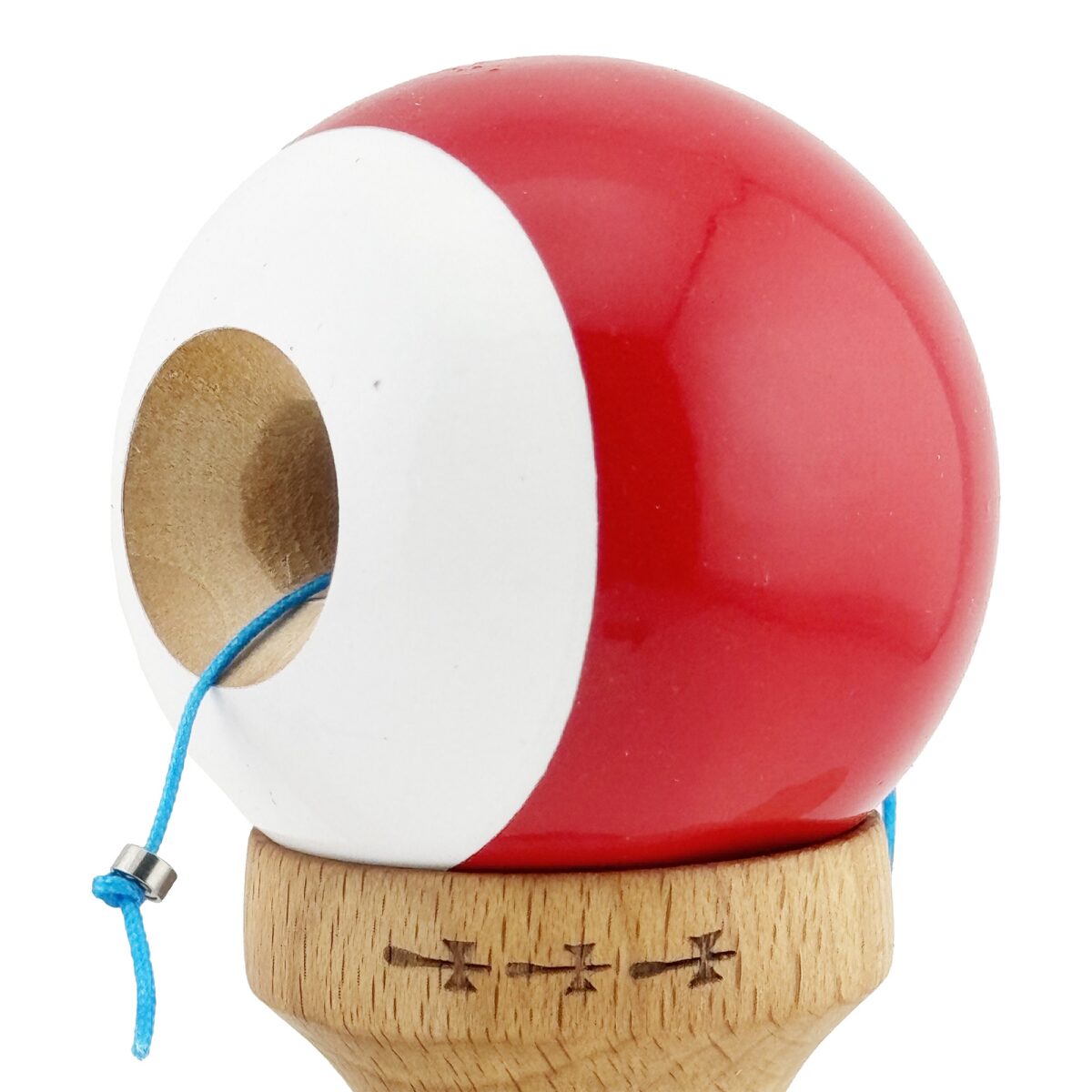 Kendama X Originala, Profesionala, Embo, Big Cups V2, Super Sticky cu Cupe Mari, din lemn 18 cm, Rulment Metalic cu Ata 55 cm, Rosu/Alb - imagine 5