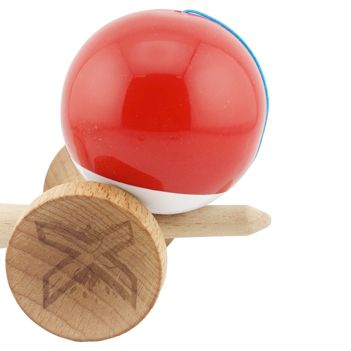 Kendama X Originala, Profesionala, Embo, Big Cups V2, Super Sticky cu Cupe Mari, din lemn 18 cm, Rulment Metalic cu Ata 55 cm, Rosu/Alb - imagine 7