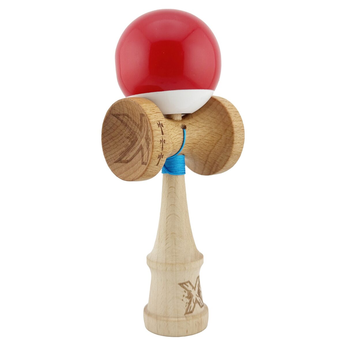 Kendama X Originala, Profesionala, Embo, Big Cups V2, Super Sticky cu Cupe Mari, din lemn 18 cm, Rulment Metalic cu Ata 55 cm, Rosu/Alb - imagine 9