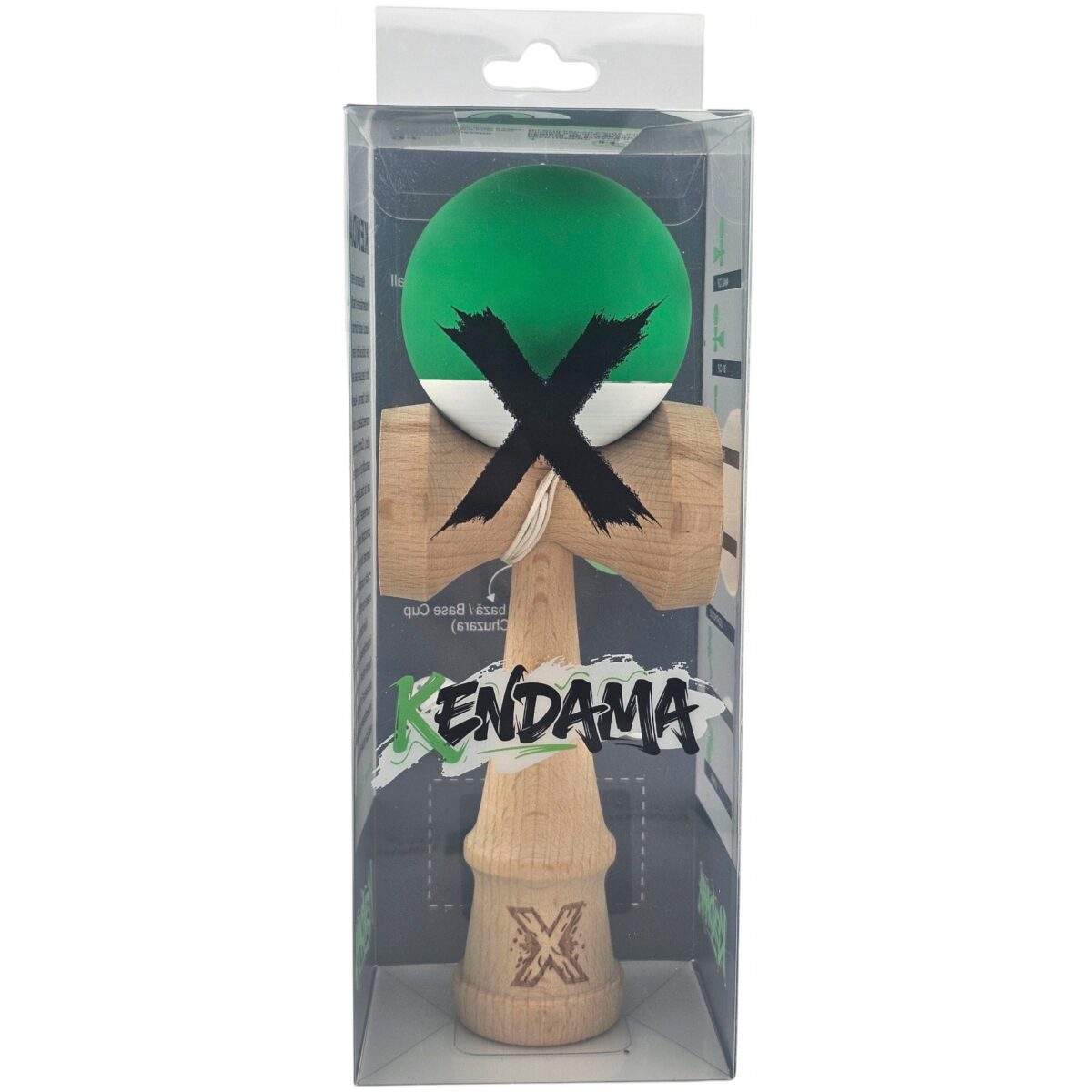 Kendama X Originala, Profesionala, Embo, din Lemn, 18 cm, Rubber Grip, Verde Alb - imagine 2