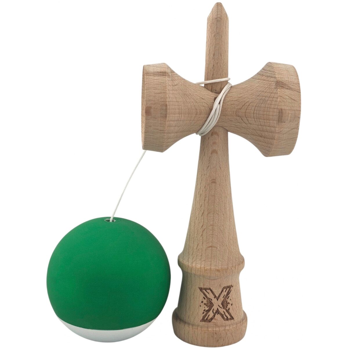 Kendama X Originala, Profesionala, Embo, din Lemn, 18 cm, Rubber Grip, Verde Alb - imagine 4