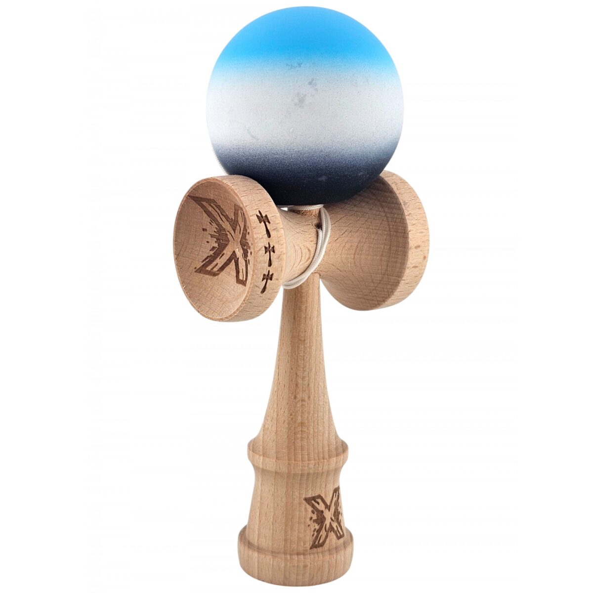 Kendama X Originala, Profesionala, Embo, Big Cups V2, Rubber Grip cu Cupe Mari, Rulment Metalic cu Ata 55 cm, Gradient Albastru/Alb/Negru - imagine 2
