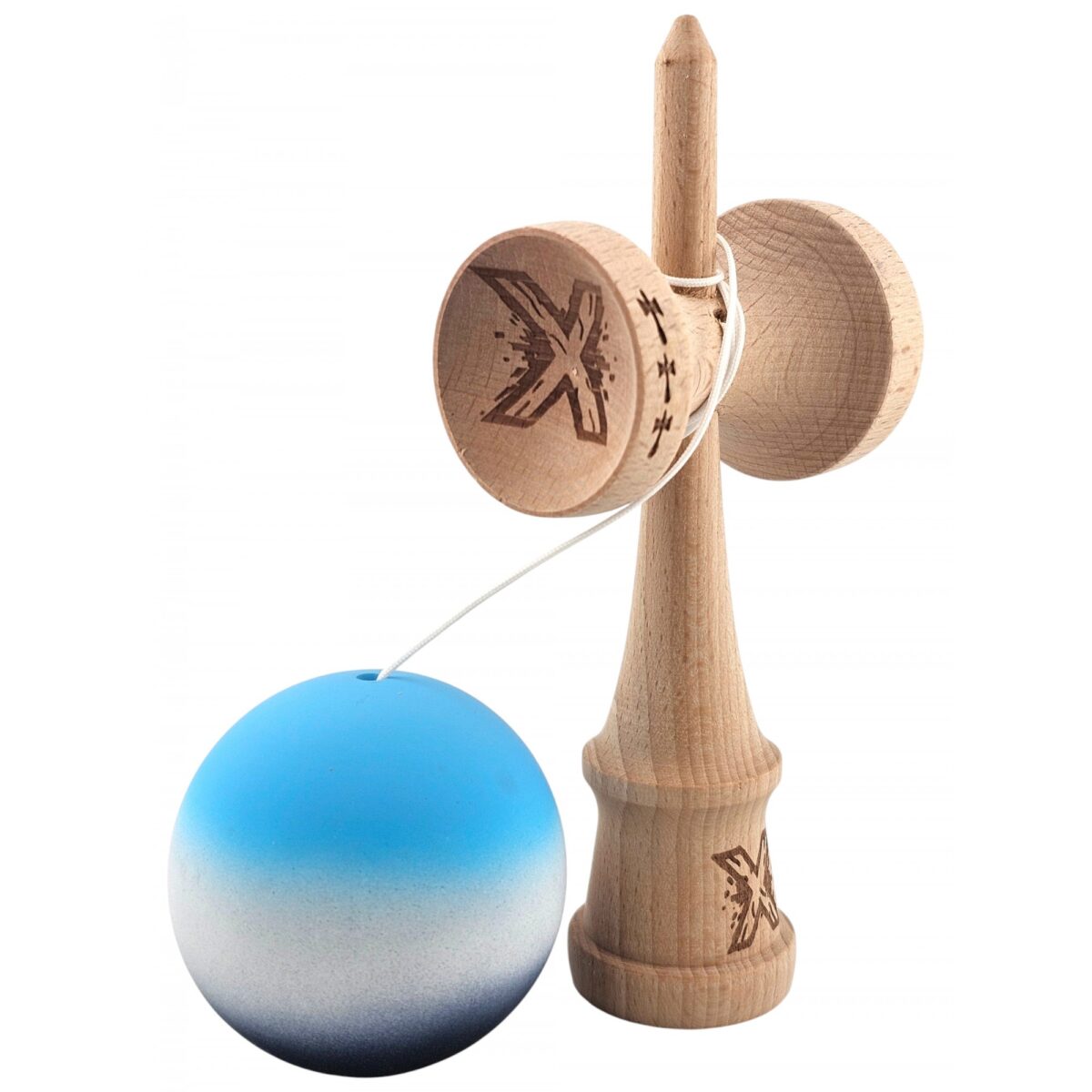 Kendama X Originala, Profesionala, Embo, Big Cups V2, Rubber Grip cu Cupe Mari, Rulment Metalic cu Ata 55 cm, Gradient Albastru/Alb/Negru - imagine 3
