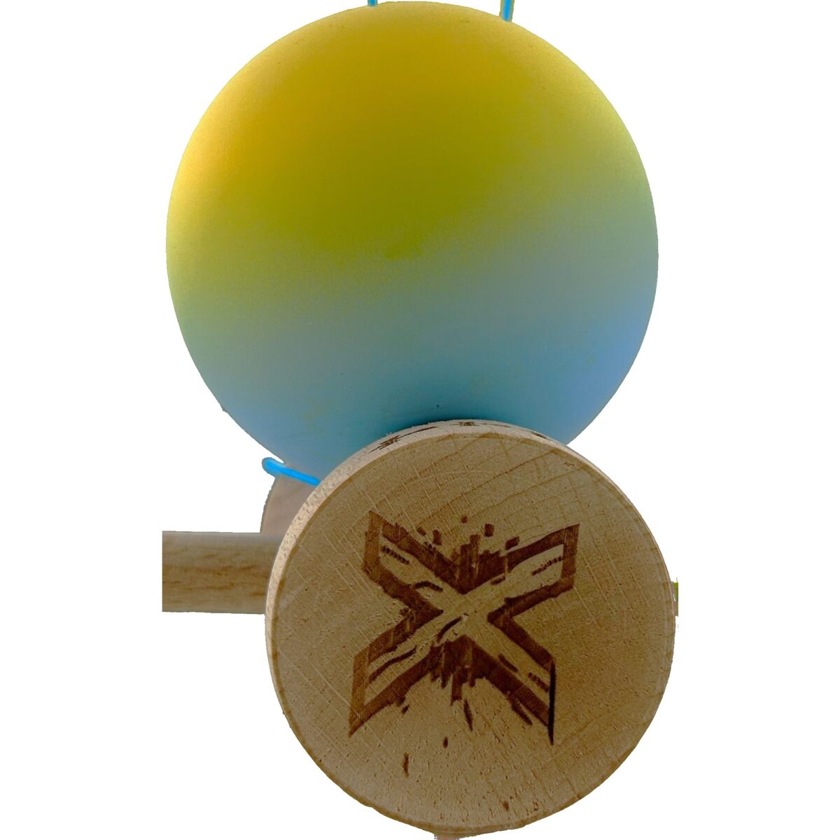Kendama X Originala, Profesionala, Embo, Big Cups V2, Rubber Grip cu Cupe Mari, Rulment Metalic cu Ata 55 cm,Â Gradient Galben/Albastru - imagine 5