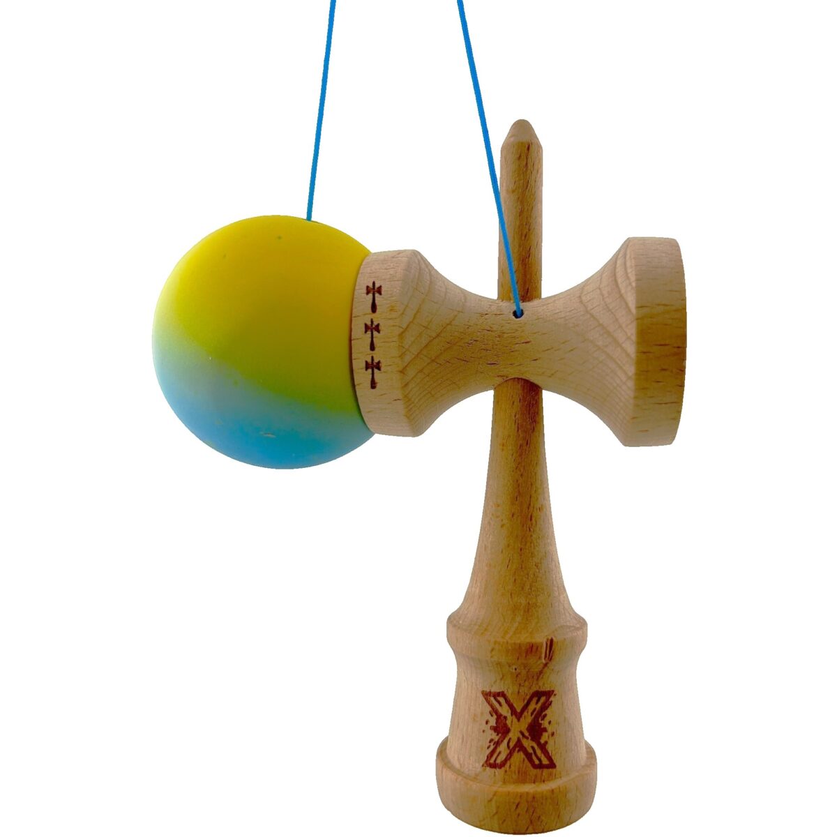 Kendama X Originala, Profesionala, Embo, Big Cups V2, Rubber Grip cu Cupe Mari, Rulment Metalic cu Ata 55 cm,Â Gradient Galben/Albastru - imagine 6