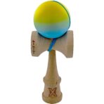 Kendama X Originala, Profesionala, Embo, Big Cups V2, Rubber Grip cu Cupe Mari, Rulment Metalic cu Ata 55 cm,Â Gradient Galben/Albastru