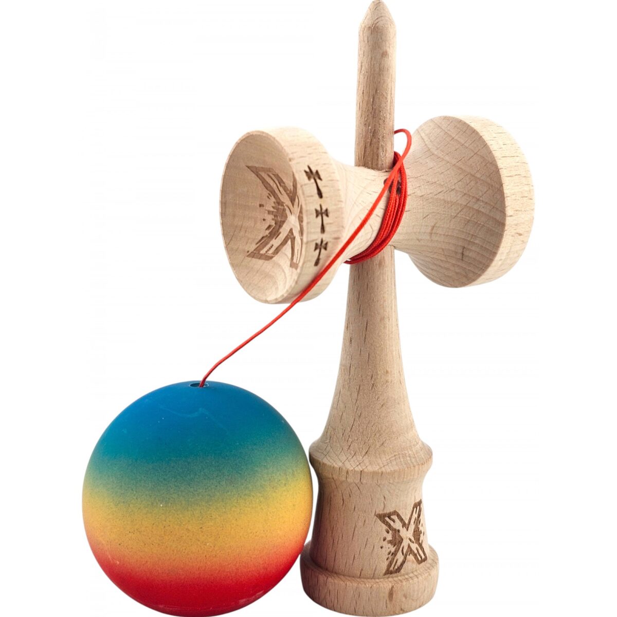 kendama-x-originala-profesionala-flippy-din-lemn-big-cups-rubber-grip-18-cm-gradient-albastru-galben-69038e5533a7b Kendama X Originala, Profesionala, Embo, Big Cups V2, Rubber Grip cu Cupe Mari, Rulment Metalic cu Ata 55 cm, Gradient Albastru/Galben/Rosu - imagine 3
