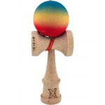 Kendama X Originala, Profesionala, Embo, Big Cups V2, Rubber Grip cu Cupe Mari, Rulment Metalic cu Ata 55 cm,Â Gradient Albastru/Galben/Rosu