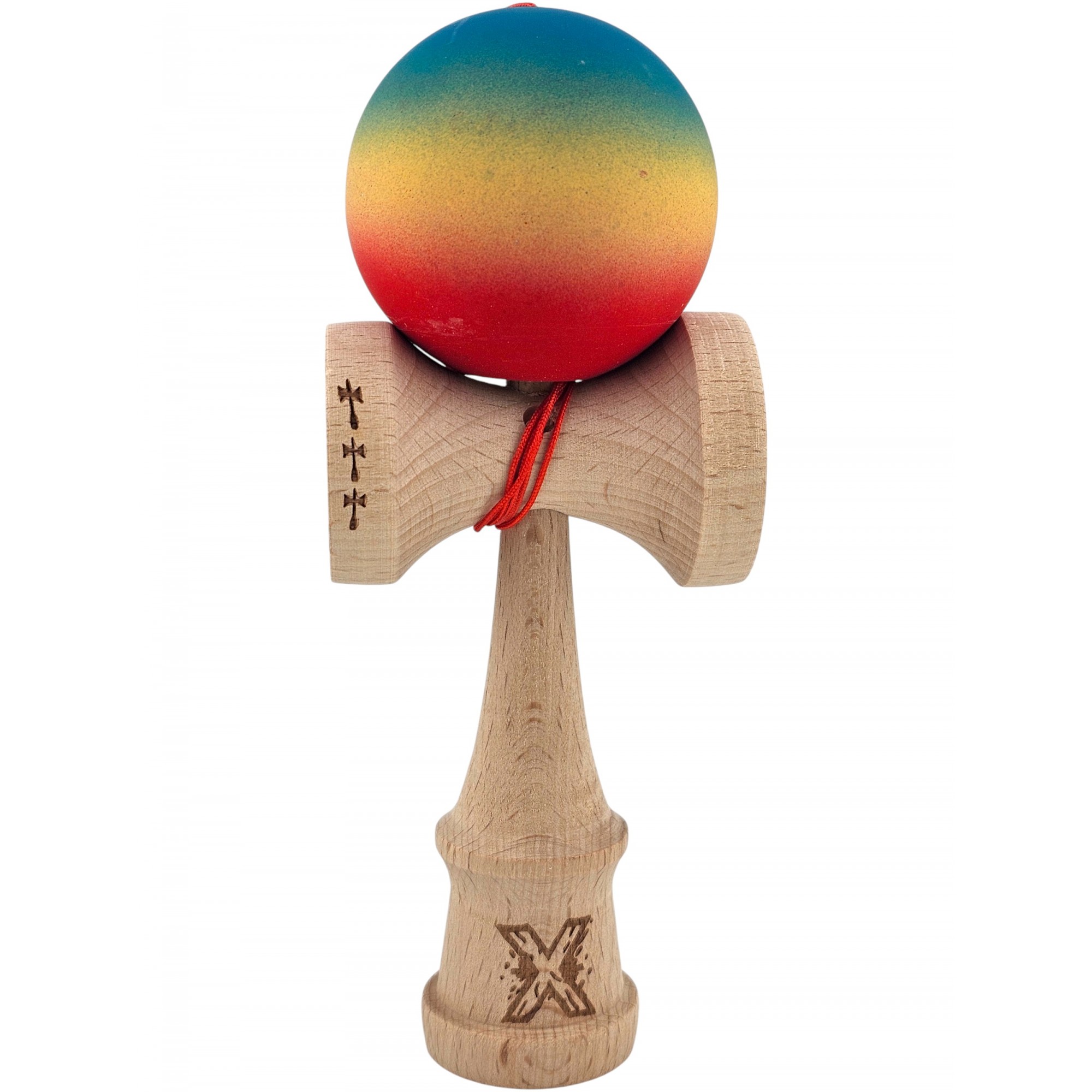 kendama-x-originala-profesionala-flippy-din-lemn-big-cups-rubber-grip-18-cm-gradient-albastru-galben-main-69038e8fbb665 Kendama X Originala, Profesionala, Embo, Big Cups V2, Rubber Grip cu Cupe Mari, Rulment Metalic cu Ata 55 cm, Gradient Albastru/Galben/Rosu - imagine 1