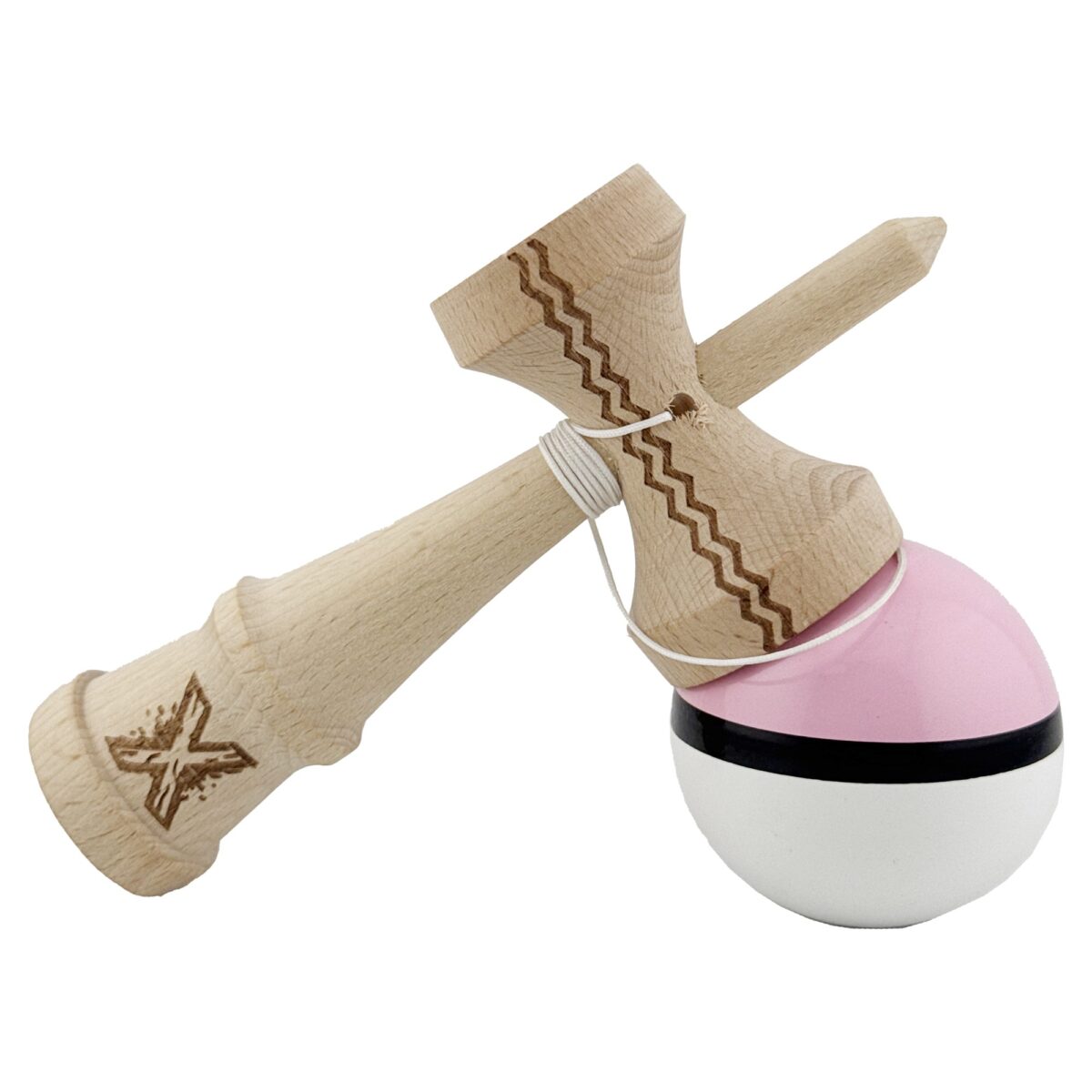 Kendama X Originala, Profesionala, Embo, din Lemn, Gravata, 18 cm, Super Sticky, Roz/Negru/Alb - imagine 4