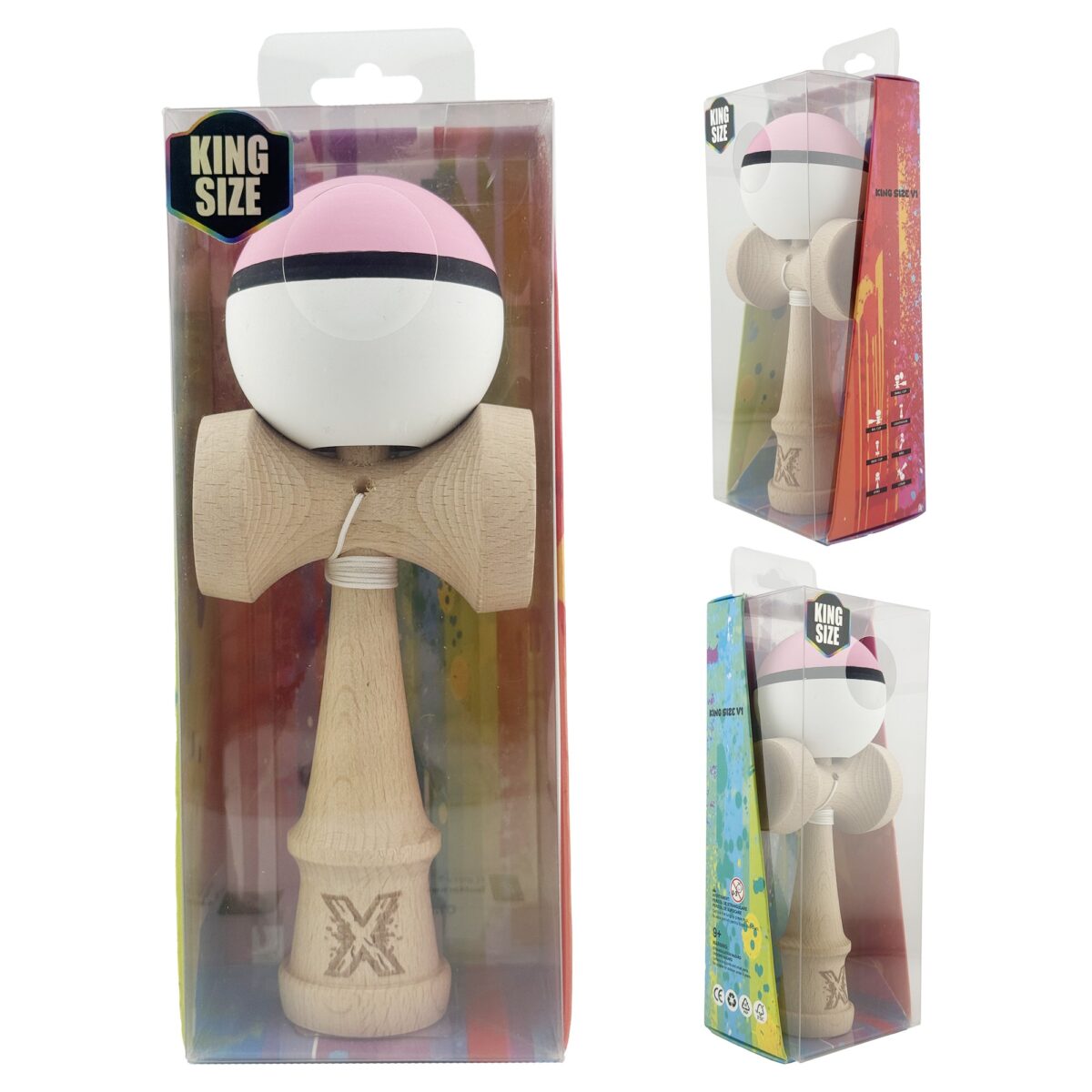 Kendama X Originala, Profesionala, Embo, din Lemn, Gravata, 18 cm, Super Sticky, Roz/Negru/Alb - imagine 10
