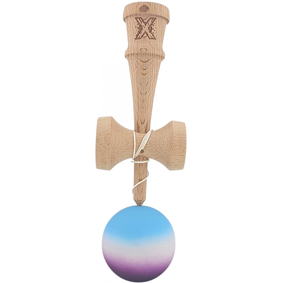 Kendama X Originala, Profesionala, Embo, din Lemn, Rubber Grip, 18 cm, Albastru/Alb/VioletÂ  - imagine 2