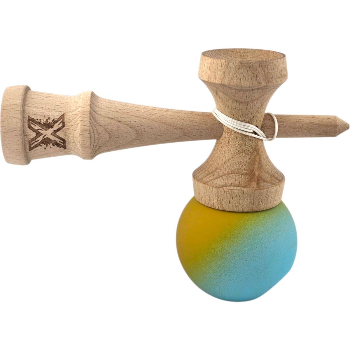 Kendama X Originala, Profesionala, Embo, din Lemn, Rubber Grip, 18 cm, Galben/Albastru - imagine 3