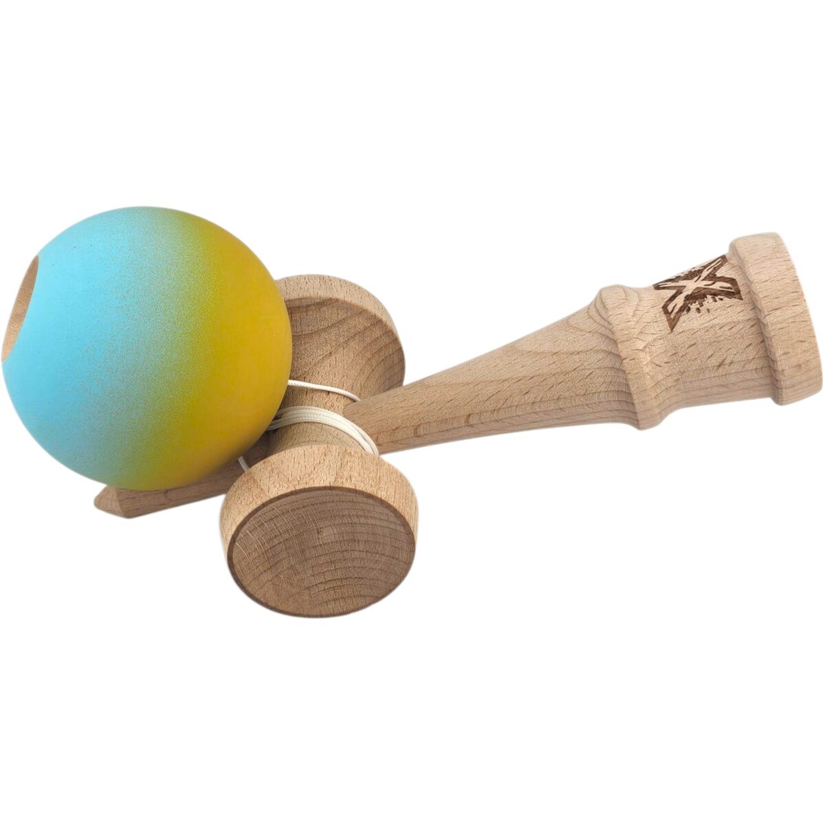 Kendama X Originala, Profesionala, Embo, din Lemn, Rubber Grip, 18 cm, Galben/Albastru - imagine 4