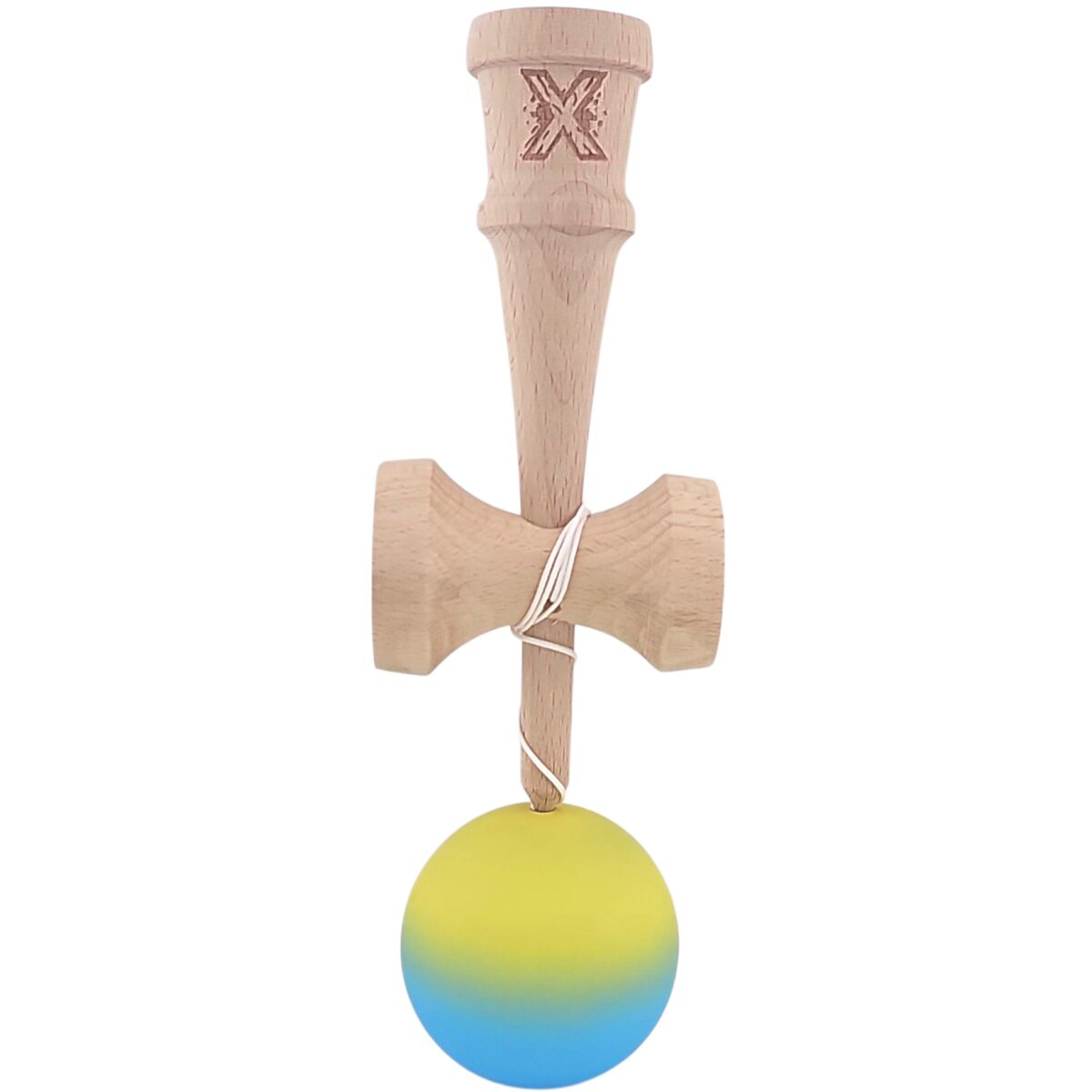 Kendama X Originala, Profesionala, Embo, 18 cm, Profesionala, +9 Ani, din Lemn, Gradient Galben/Albastru - imagine 2