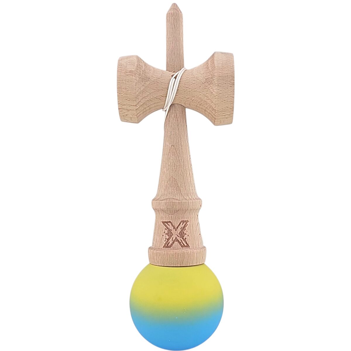 Kendama X Originala, Profesionala, Embo, 18 cm, Profesionala, +9 Ani, din Lemn, Gradient Galben/Albastru - imagine 3