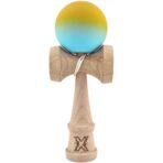 Kendama X Originala, Profesionala, Embo, din Lemn, Rubber Grip, 18 cm, Galben/Albastru