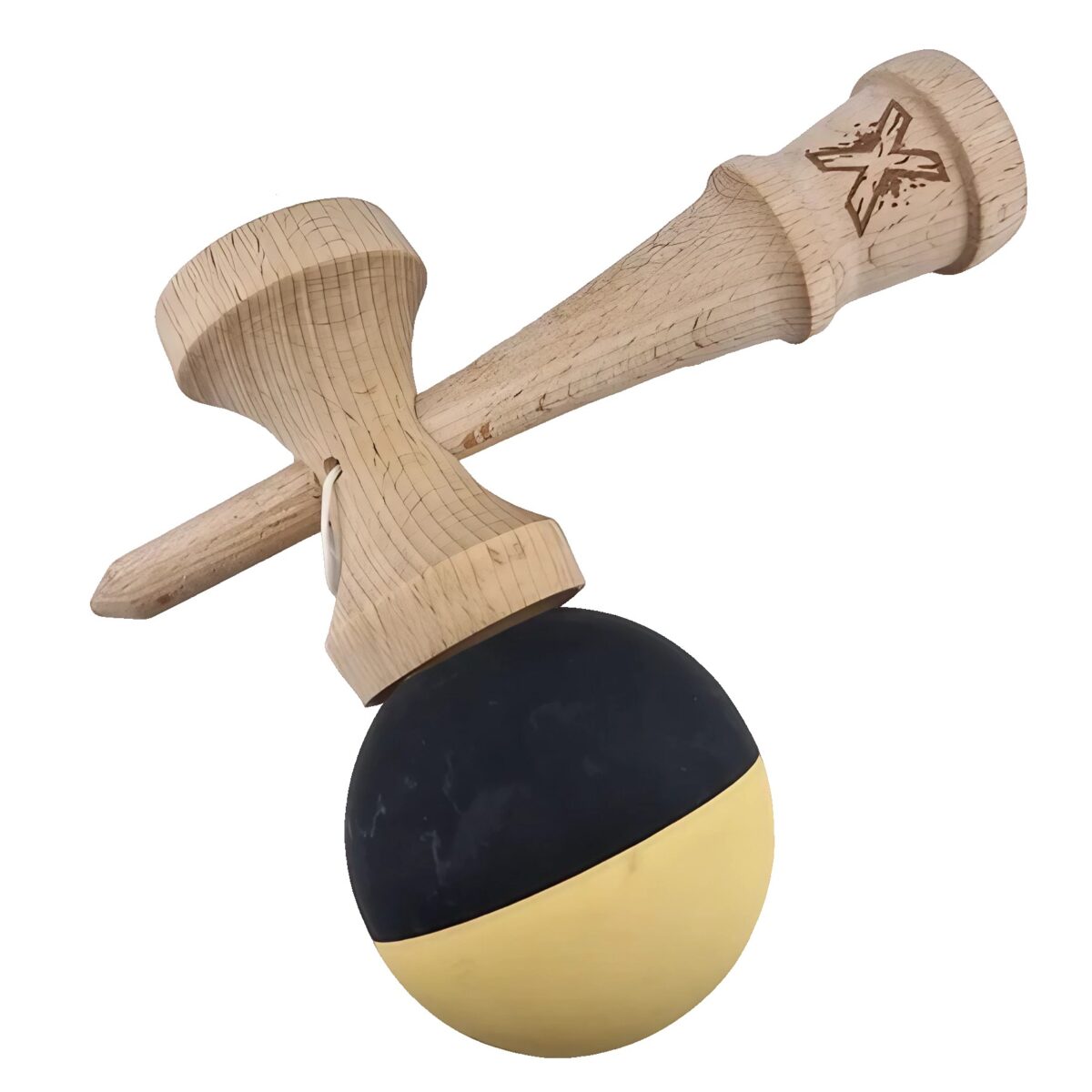 Kendama X Originala, Profesionala, Embo, din Lemn, Rubber Grip, 18 cm, Galben/Negru - imagine 4