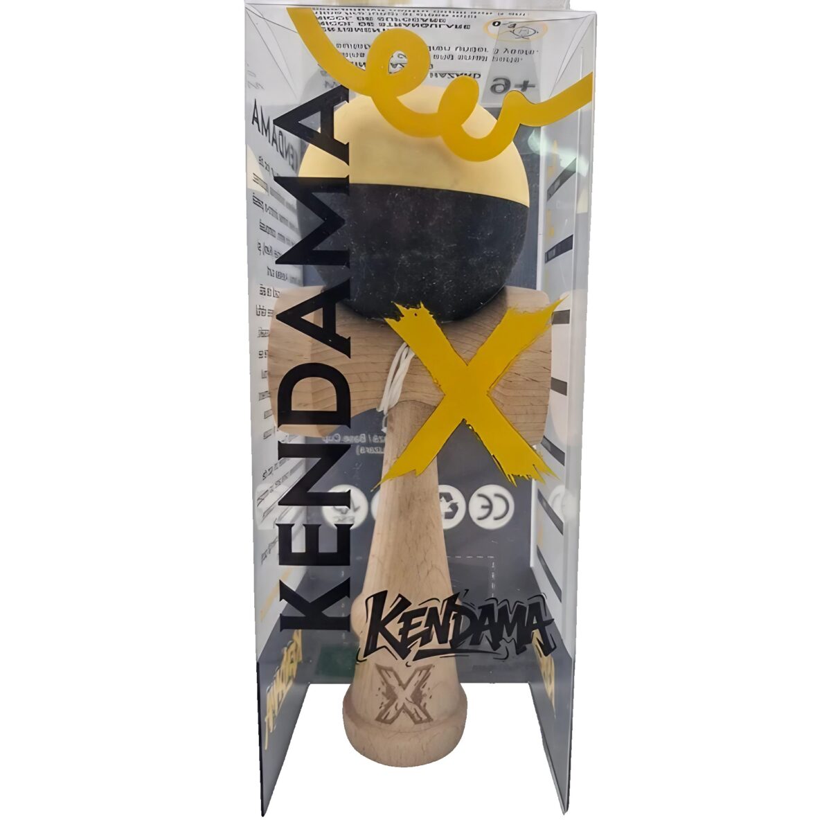 Kendama X Originala, Profesionala, Embo, din Lemn, Rubber Grip, 18 cm, Galben/Negru - imagine 5