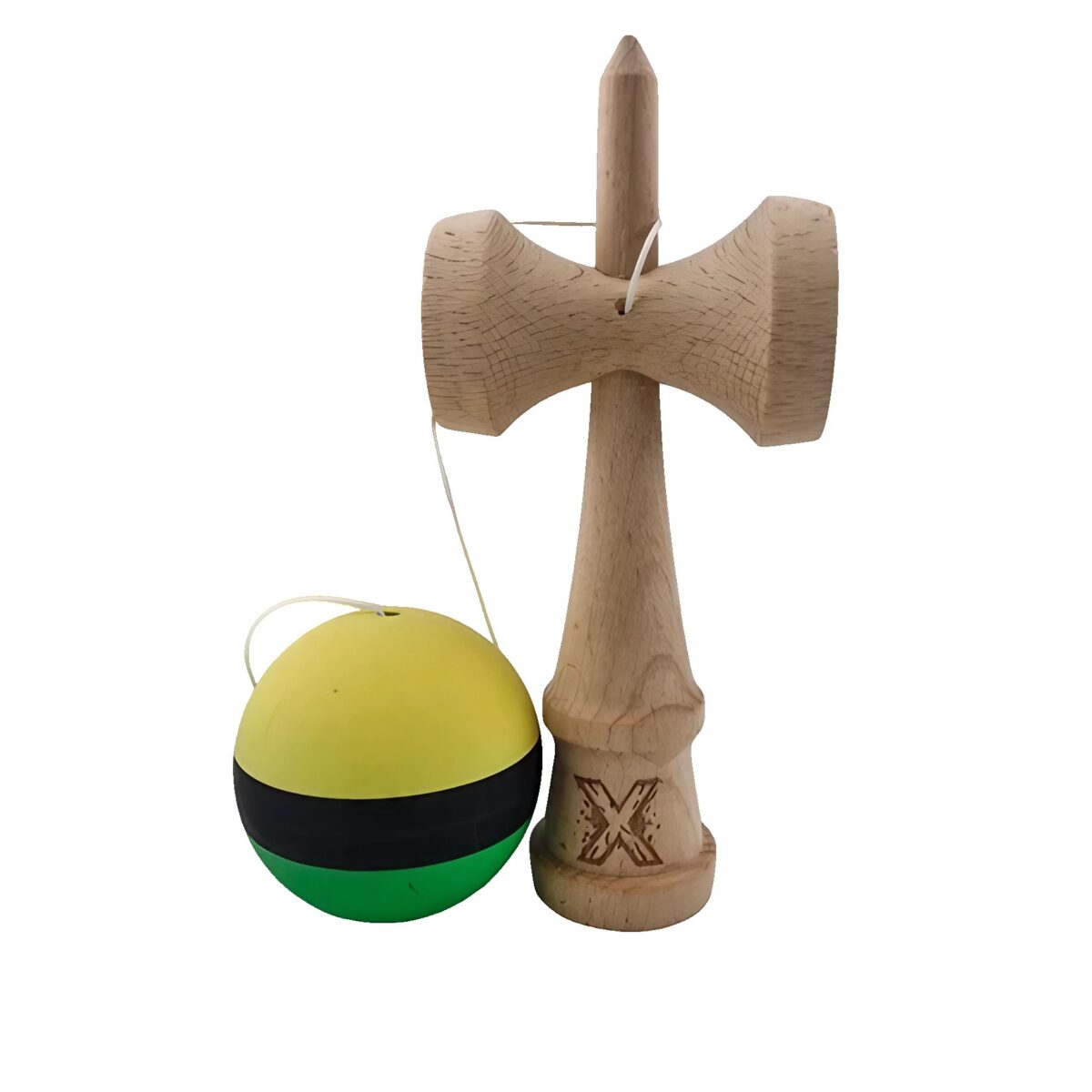 Kendama X Originala, Profesionala, Embo, din Lemn, Rubber Grip, 18 cm, Galben/Negru/Verde - imagine 2