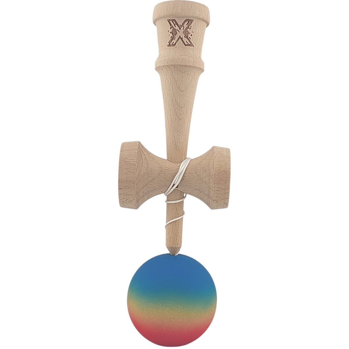 Kendama X Originala, Profesionala, Embo, din Lemn, Rubber Grip, 18 cm, Gradient Albastru/Galben/Rosu - imagine 2