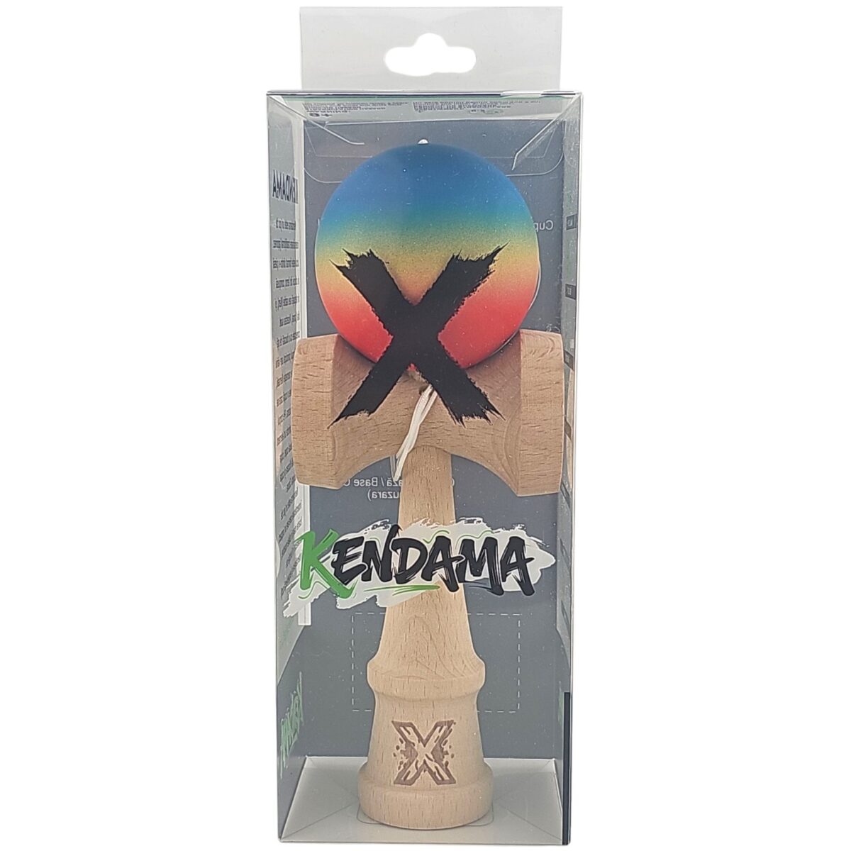 Kendama X Originala, Profesionala, Embo, din Lemn, Rubber Grip, 18 cm, Gradient Albastru/Galben/Rosu - imagine 4