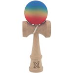 Kendama X Originala, Profesionala, Embo, din Lemn, Rubber Grip, 18 cm, Gradient Albastru/Galben/Rosu
