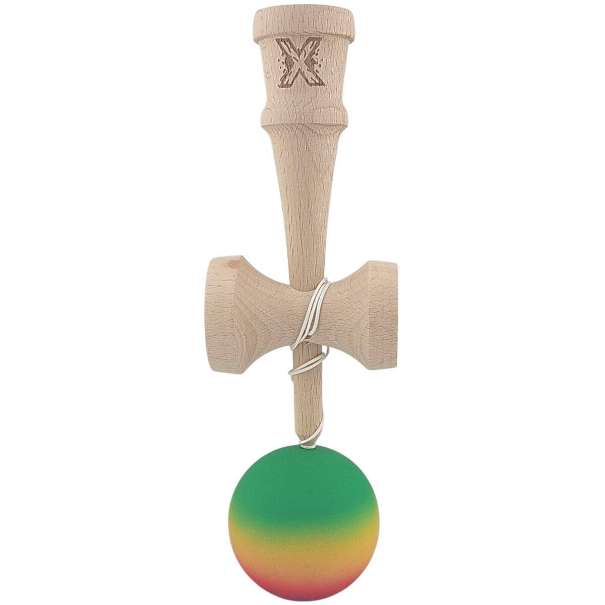 Kendama X Originala, Profesionala, Embo, din Lemn, Rubber Grip, 18 cm, Gradient Verde/Galben/Rosu - imagine 2