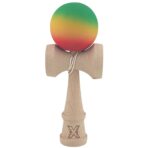Kendama X Originala, Profesionala, Embo, din Lemn, Rubber Grip, 18 cm, Gradient Verde/Galben/Rosu