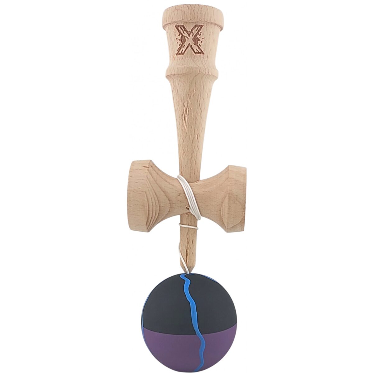 Kendama X Originala, Profesionala, Embo, din Lemn, Rubber Grip, 18 cm, Negru/Mov/Albastru - imagine 2
